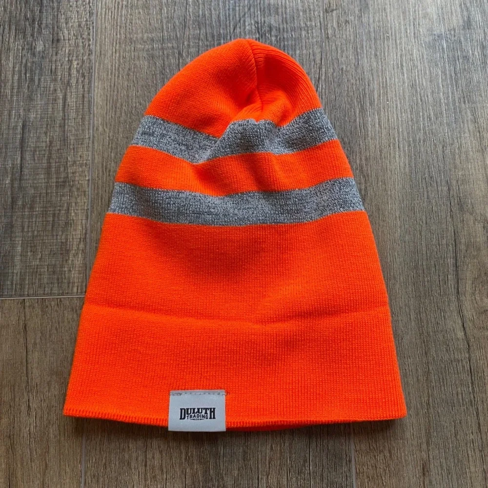 Duluth Trading Co‎ Orange Reflective Striped Knit Cuffed Beanie Hat - One Size